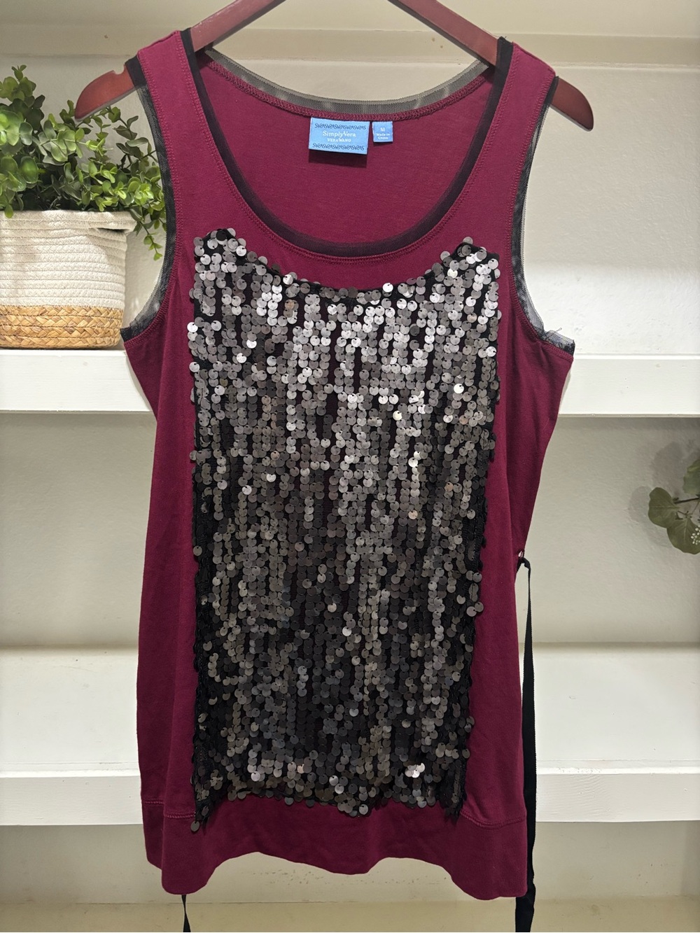 -0955- Simply Vera Vera Wang Burgundy Tank with Silver Sequin Front